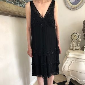 40s beaded black pure silk v neck three tier dress